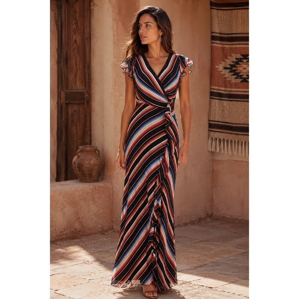 RALPH LAUREN Long Maxi Dress 2 NEW Faux Wrap Flutter Sleeves Chevron Southwest
